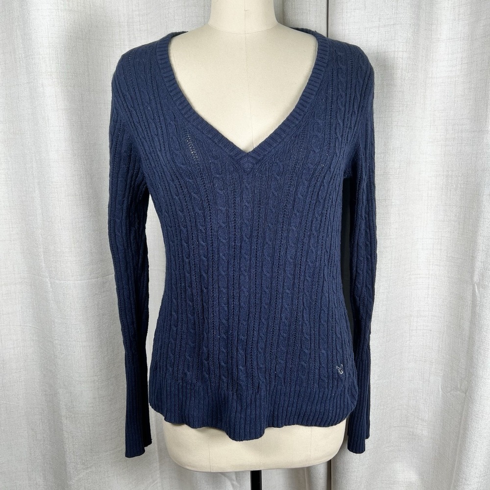 Vintage Y2K  American Eagle Sweater Women Large/XL Navy Blue V Neck Cable Knit